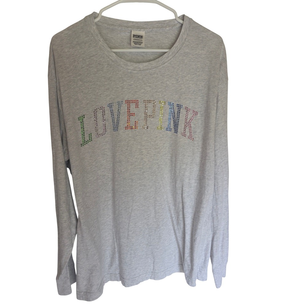 Victorias Secret PINK Long Sleeve Rainbow Rhinestone Graphic T-Shirt Gray XL - Picture 1 of 5